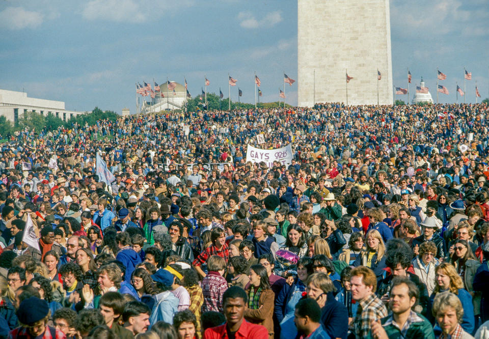 Attendees at the first National March on Washington for Lesbian and Gay Rights, Washington DC, Oct. 14, 1979. <span class="copyright">Mark Reinstein—Corbis/Getty Images</span>