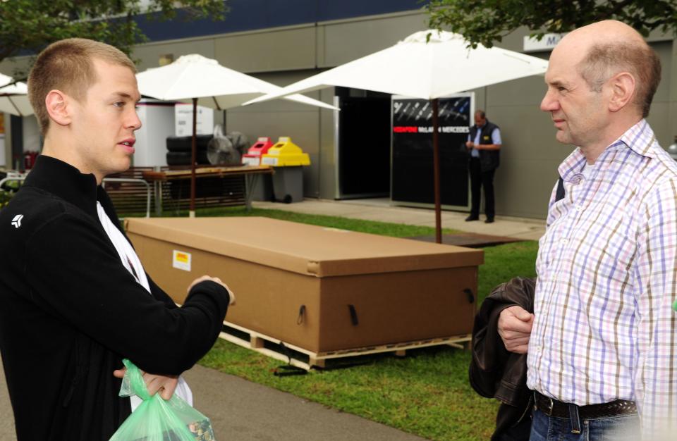 <span>Ah, you went to that barber too? A young Sebastian Vettel and Adrian Newey pondering the merits of toupees back in 2009</span>