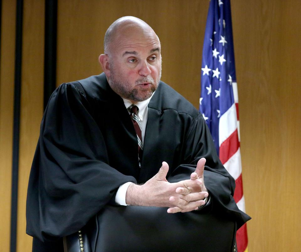 Superior Court Judge Guy P. Ryan speaks to jurors during Christopher Gregor's trial Wednesday, May 15, 2024, in Toms River. Gregor is charged with the 2021 murder and child endangerment of his 6-year-old son Corey Micciolo.