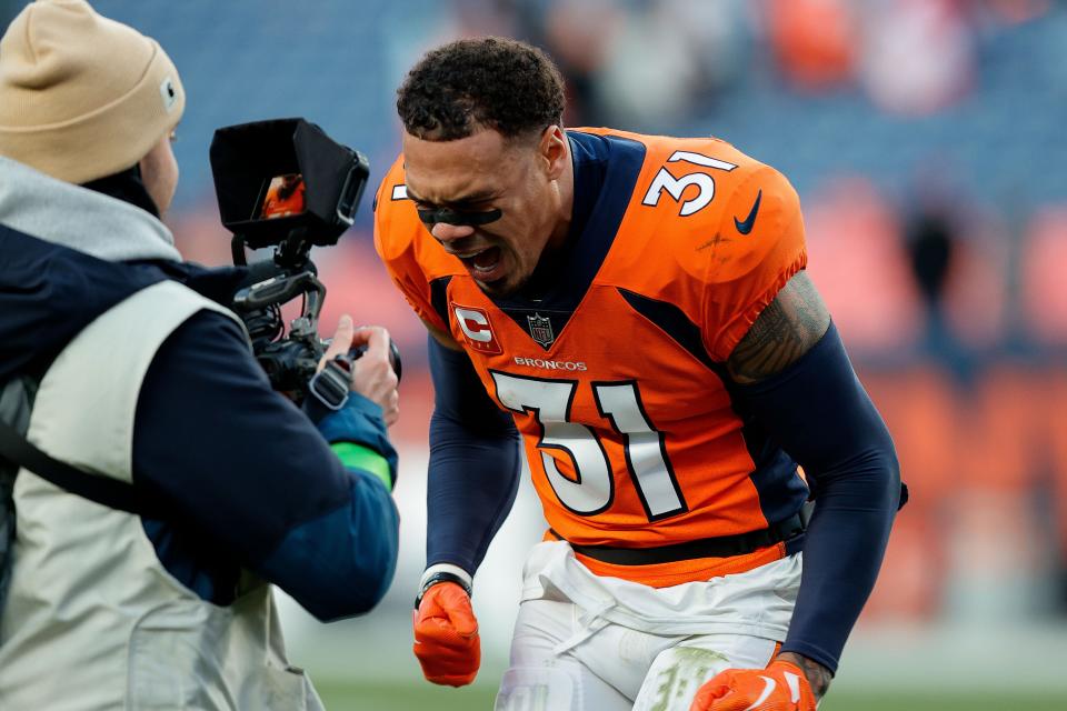 Oct 29, 2023; Denver, Colorado, USA; Denver Broncos safety Justin Simmons (31) reacts after the game against the Kansas City Chiefs at Empower Field at Mile High. Mandatory Credit: Isaiah J. Downing-USA TODAY Sports