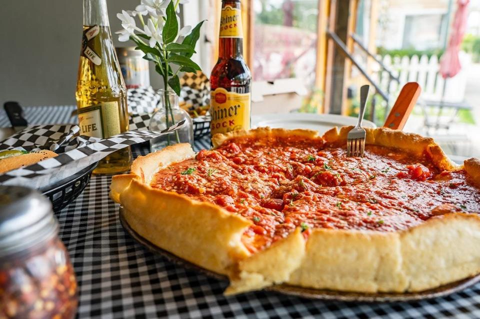 A Chicago-style Deep Dish pizza at Jake and Elwood's restaurant in Louisville.