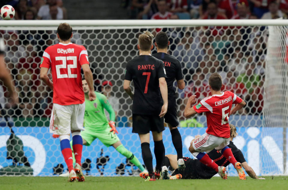 <p>Anatomy of a goal: Denis Cheryshev blasts a thnderbolt into the top corner to give Russia the lead </p>