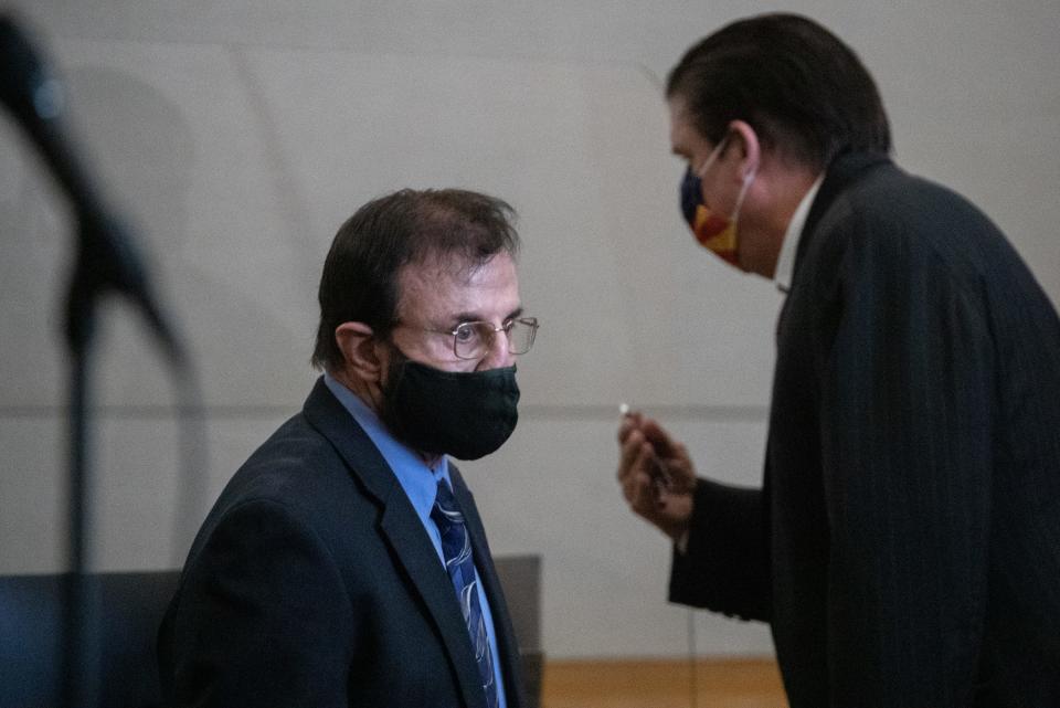 William Timmons (front, former CEO of Hacienda Healthcare) and his attorney David Dow, during sentencing, November 18, 2021, in the Maricopa County Superior courtroom of Judge Timothy Ryan, 175 W. Madison Street, Phoenix, Arizona.