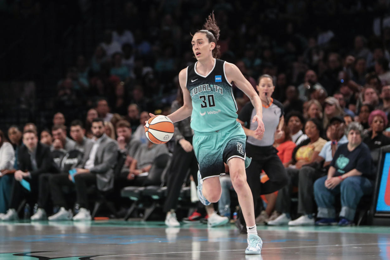 Aug 6, 2023; Brooklyn, New York, USA; New York Liberty forward Breanna Stewart (30) brings the ball up court in the first quarter against the Las Vegas Aces at Barclays Center. Mandatory Credit: Wendell Cruz-USA TODAY Sports