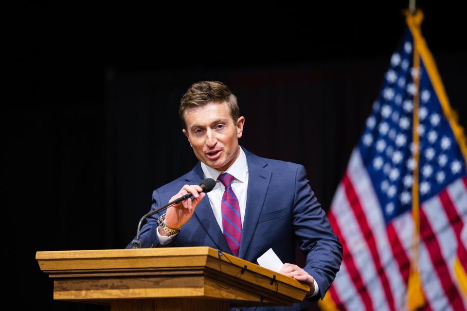 Utah Republican State Party treasurer candidate McKay Newell speaks during the Utah Republican Party Organizing Convention at Utah Valley University in Orem on April 22, 2023. | Ryan Sun, Deseret News