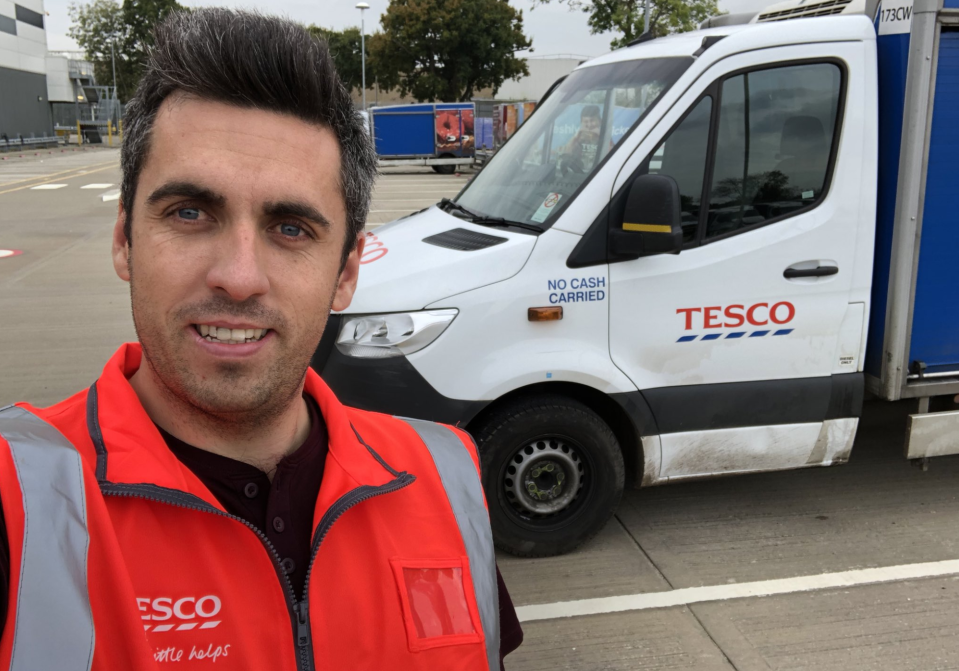 Login now drives a Tesco delivery van to deliver food to homes as Tesco beefs up its home delivery services. (Peter Login/ Twitter)