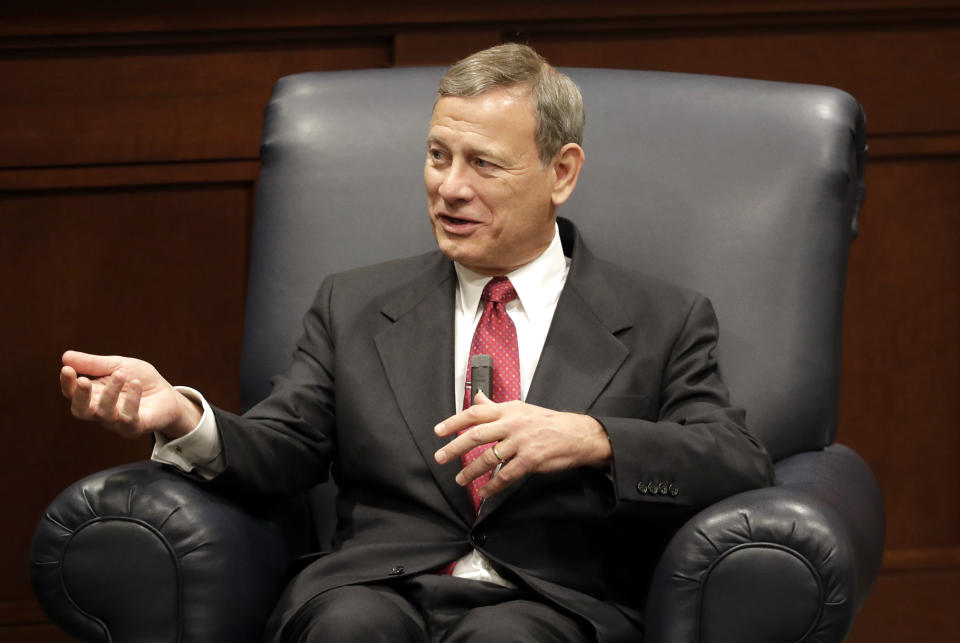 Supreme Court Chief Justice John Roberts answers questions during an appearance at Belmont University Wednesday, Feb. 6, 2019, in Nashville, Tenn. (AP Photo/Mark Humphrey)