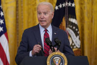 President Joe Biden speaks about infrastructure negotiations, in the East Room of the White House, Thursday, June 24, 2021, in Washington. (AP Photo/Evan Vucci)