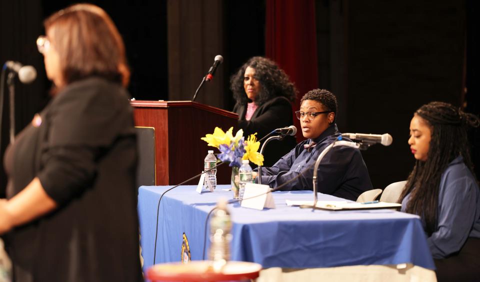 From left, candidate Shirley Asack, Brockton Area Branch NAACP President Phyllis Ellis and panelists Patricia Jackson and Courtney Henderson participate in a forum at Brockton High School on Thursday Aug. 25, 2022 for the three candidates vying for the new, all-Brockton 11th Plymouth state representative seat.