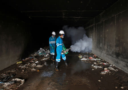 Workers spray pesticides during an anti-cholera campaign in Sanaa, Yemen March 21, 2019. Picture taken March 21, 2019. REUTERS/Mohamed al-Sayaghi