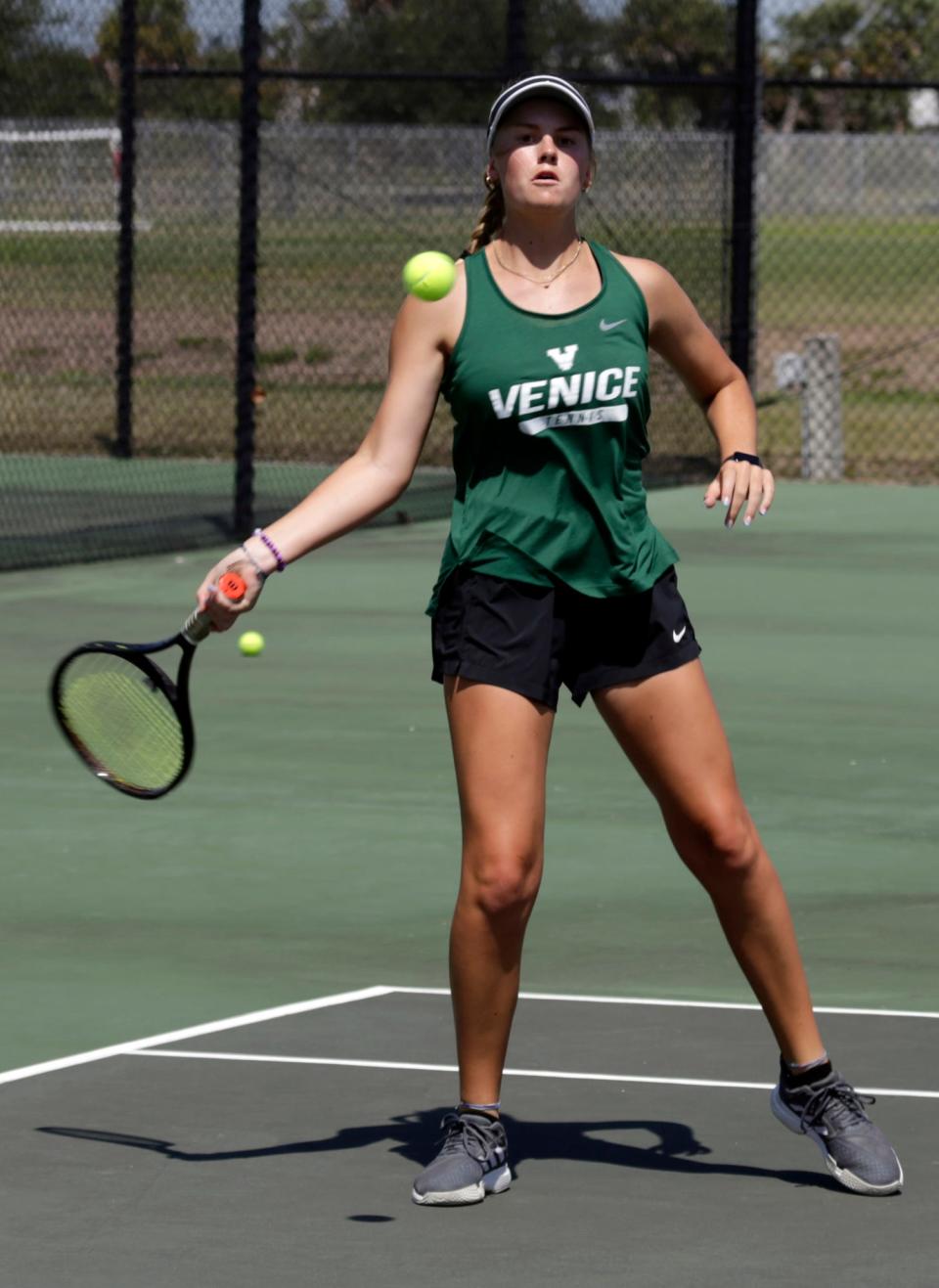 Venice's Nika DeLong at No. 2 doubles against Lakewood Ranch in the Class 4A regional semifinal Tuesday, April 19, 2022, at Venice HIgh