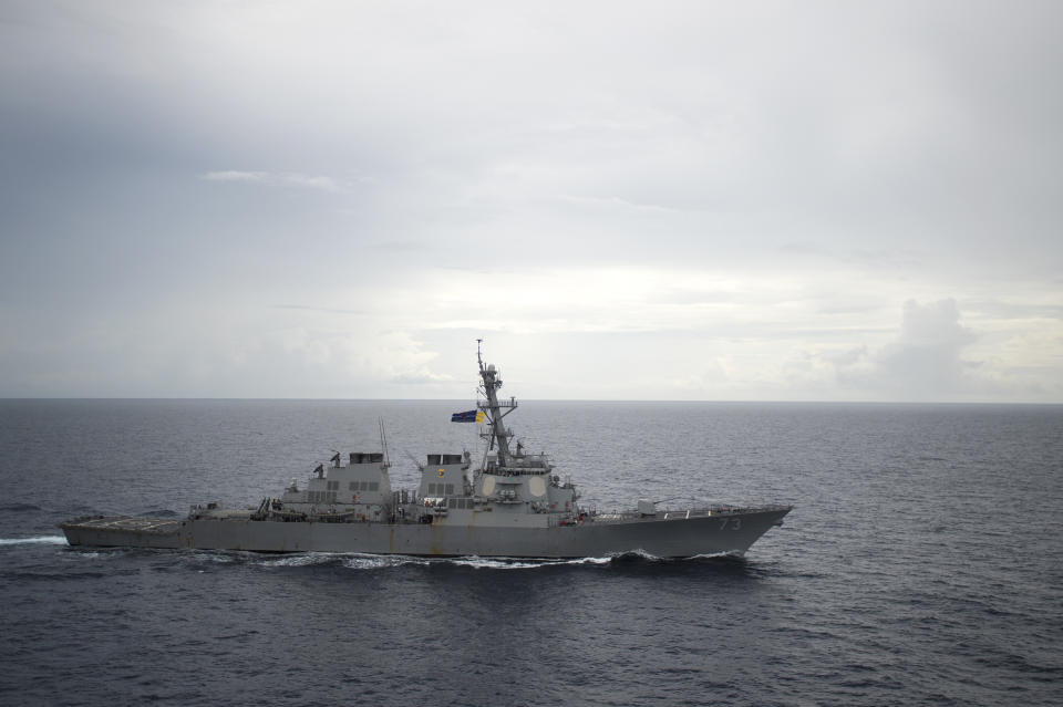 FILE - In this Oct. 13, 2016, file photo provided by the U.S. Navy, guided-missile destroyer USS Decatur (DDG 73) operates in the South China Sea as part of the Bonhomme Richard Expeditionary Strike Group (ESG). China’s ambassador to the United States has defended the Chinese navy’s action in a close encounter with the U.S. destroyer in the South China Sea, saying America’s warships are “on the offensive” near Chinese territory. (Petty Officer 2nd Class Diana Quinlan/U.S. Navy via AP, File)
