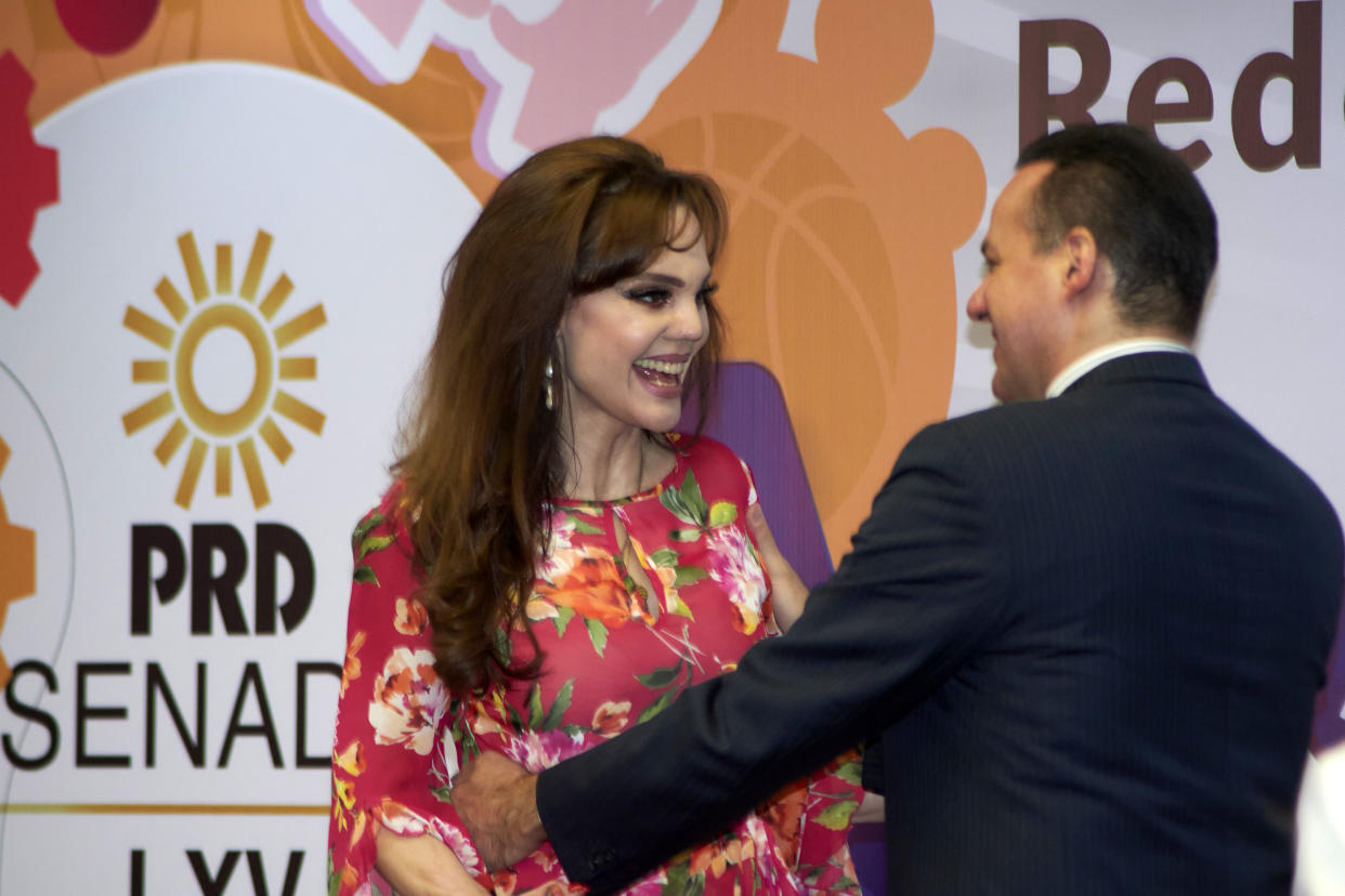 MEXICO CITY, MEXICO - JULY 18: Carmen Campuzano and José Joel speak during the 'Mexicanos Triunfadores' ceremony award at Senado de La Republica on July 18, 2023 in Mexico City, Mexico. (Photo by Jaime Nogales/Medios y Media/Getty Images)