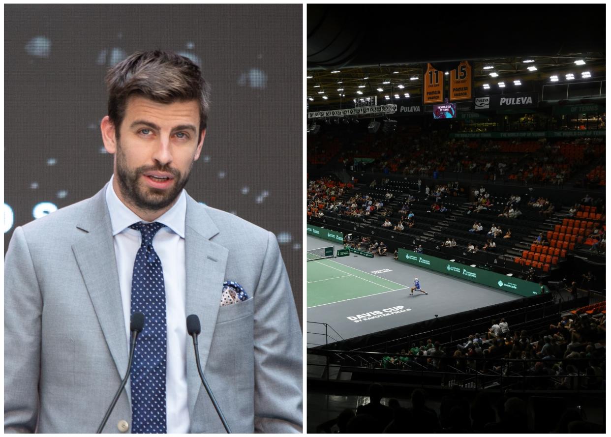 Gerard Piqué y las gradas del Pabellón de la Fuente de San Luis de Valencia durante la eliminatoria entre Canadá y Corea del Sur de la Copa Davis. (Foto: Pablo Cuadra / WireImage / Getty Images / Oscar J. Barroso / Europa Press / Getty Images).