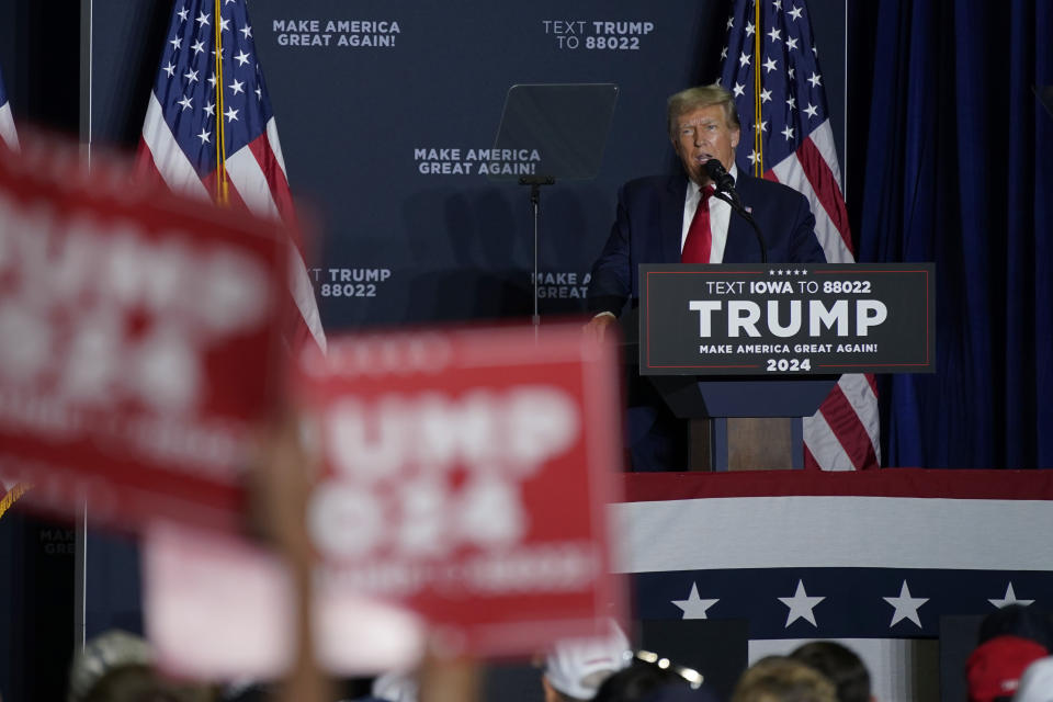 Former President Donald Trump speaks during a rally, Wednesday, Sept. 20, 2023, in Dubuque, Iowa. (AP Photo/Charlie Neibergall)