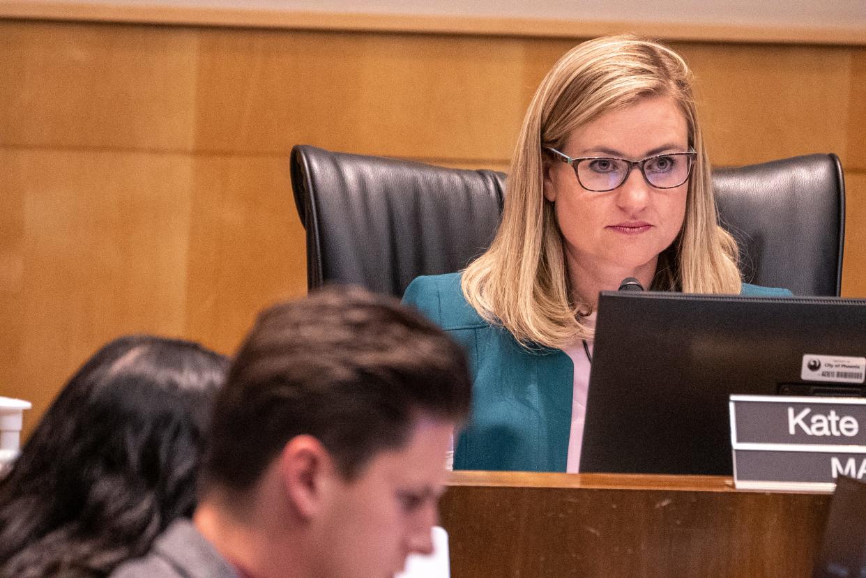 Phoenix Mayor Kate Gallego attends a City Council meeting in Phoenix on April 19, 2023.