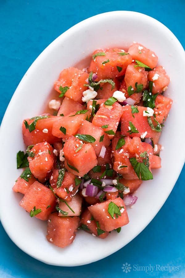 <strong>Get the <a href="http://www.simplyrecipes.com/recipes/watermelon_salad_with_feta_and_mint/" target="_blank">Watermelon Salad recipe</a>&nbsp;from Simply Recipes</strong>