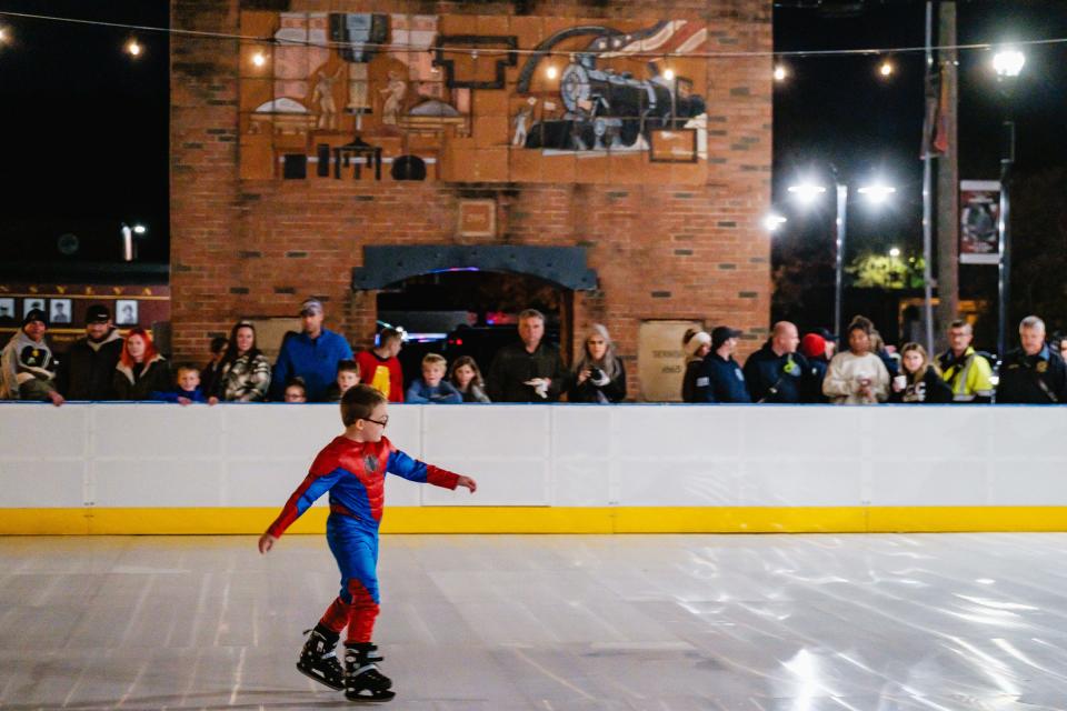 Bradley Brooks, 8, takes the very first skate during a preview night for the new outdoor skating rink in Dennison.