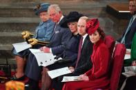 (L-R) Britain's Queen Elizabeth II, Britain's Prince Charles, Prince of Wales, Britain's Camilla, Duchess of Cornwall, Britain's Prince William, Duke of Cambridge, and Britain's Catherine, Duchess of Cambridge sit inside Westminster Abbey as they attend the annual Commonwealth Service in London on March 9, 2020. - Britain's Queen Elizabeth II has been the Head of the Commonwealth throughout her reign. Organised by the Royal Commonwealth Society, the Service is the largest annual inter-faith gathering in the United Kingdom. (Photo by Phil HARRIS / POOL / AFP) (Photo by PHIL HARRIS/POOL/AFP via Getty Images)