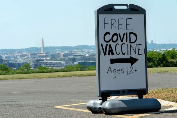 PHOTO: In this May 19, 2021, file photo, a sign advertises a free vaccine drive with Pfizer COVID-19 vaccinations for members of the community 12 years and up, May 19, 2021, at a clinic held by Community of Hope, in Washington, D.C. (Jacquelyn Martin/AP, FILE)
