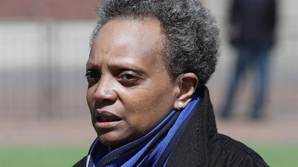 Chicago Mayor Lori Lightfoot, speaks during a press outside of Wrigley Field last month. (Photo by Jonathan Daniel/Getty Images)