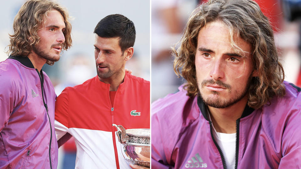 Stefanos Tsitsipas, pictured here with Novak Djokovic after the French Open final.