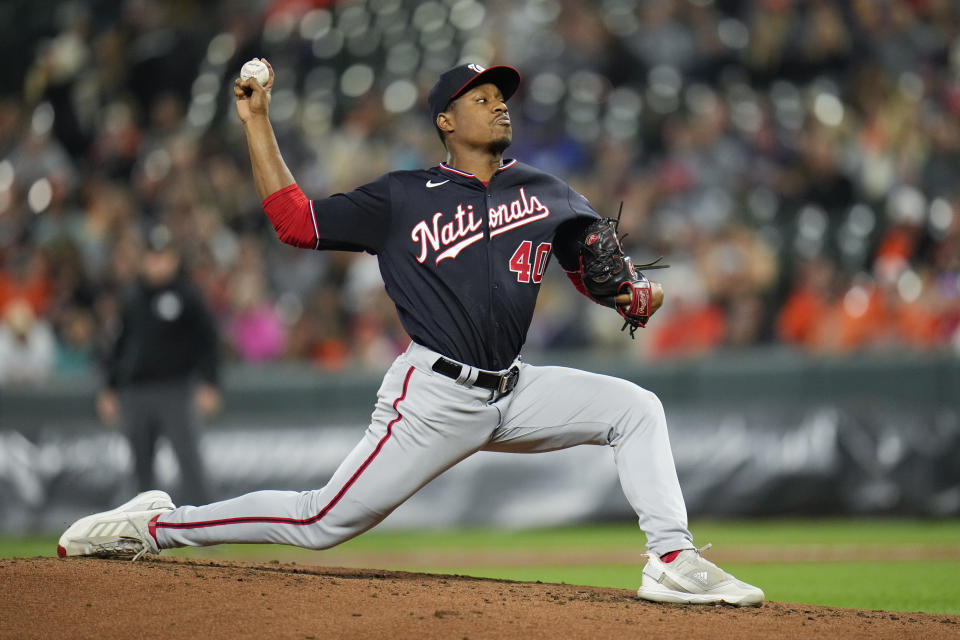 Washington Nationals starting pitcher Josiah Gray throws to the Baltimore Orioles during the second inning of a baseball game, Tuesday, Sept. 26, 2023, in Baltimore. (AP Photo/Julio Cortez)