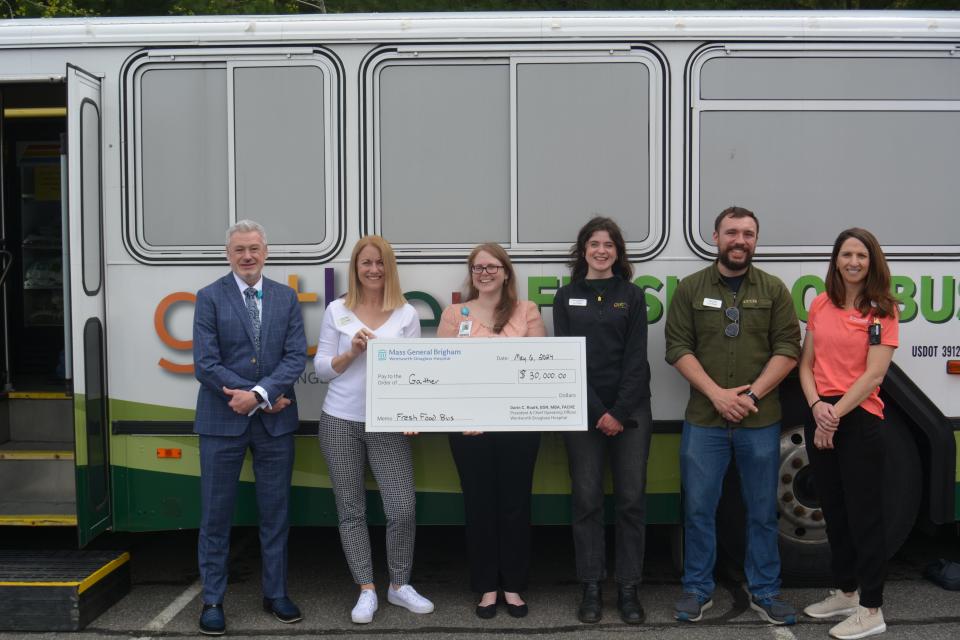 From left to right are Darin Roark, President & COO; Anne Hayes, Executive Director, Gather; Meaghan Heusler, Planning Data Analyst & Community Benefits Manager; Kate Constantine, Community Engagement Manager, Gather; Liam Lundt, Director of Operations, Gather; Lindsay Ginter, Women’s Health Case Manager, Women and Children’s Department