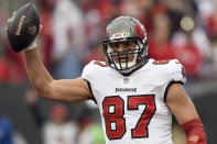 Tampa Bay Buccaneers tight end Rob Gronkowski (87) celebrates his touchdown against the Philadelphia Eagles during the second half of an NFL wild-card football game Sunday, Jan. 16, 2022, in Tampa, Fla. (AP Photo/Jason Behnken)