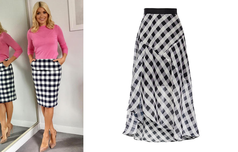 <p>‘This Morning’ presenter Holly Willoughby causes a frenzy with almost everything that she wears. Her Hobbs <a rel="nofollow noopener" href="https://www.johnlewis.com/coast-riki-gingham-skirt-black-white/p3218452#media-overlay_show" target="_blank" data-ylk="slk:gingham;elm:context_link;itc:0;sec:content-canvas" class="link ">gingham</a> skirt worn in May was no different, resulting in the print becoming a must-have in any woman’s wardrobe this summer.<br><i>[Photo: Instagram/John Lewis]</i> </p>