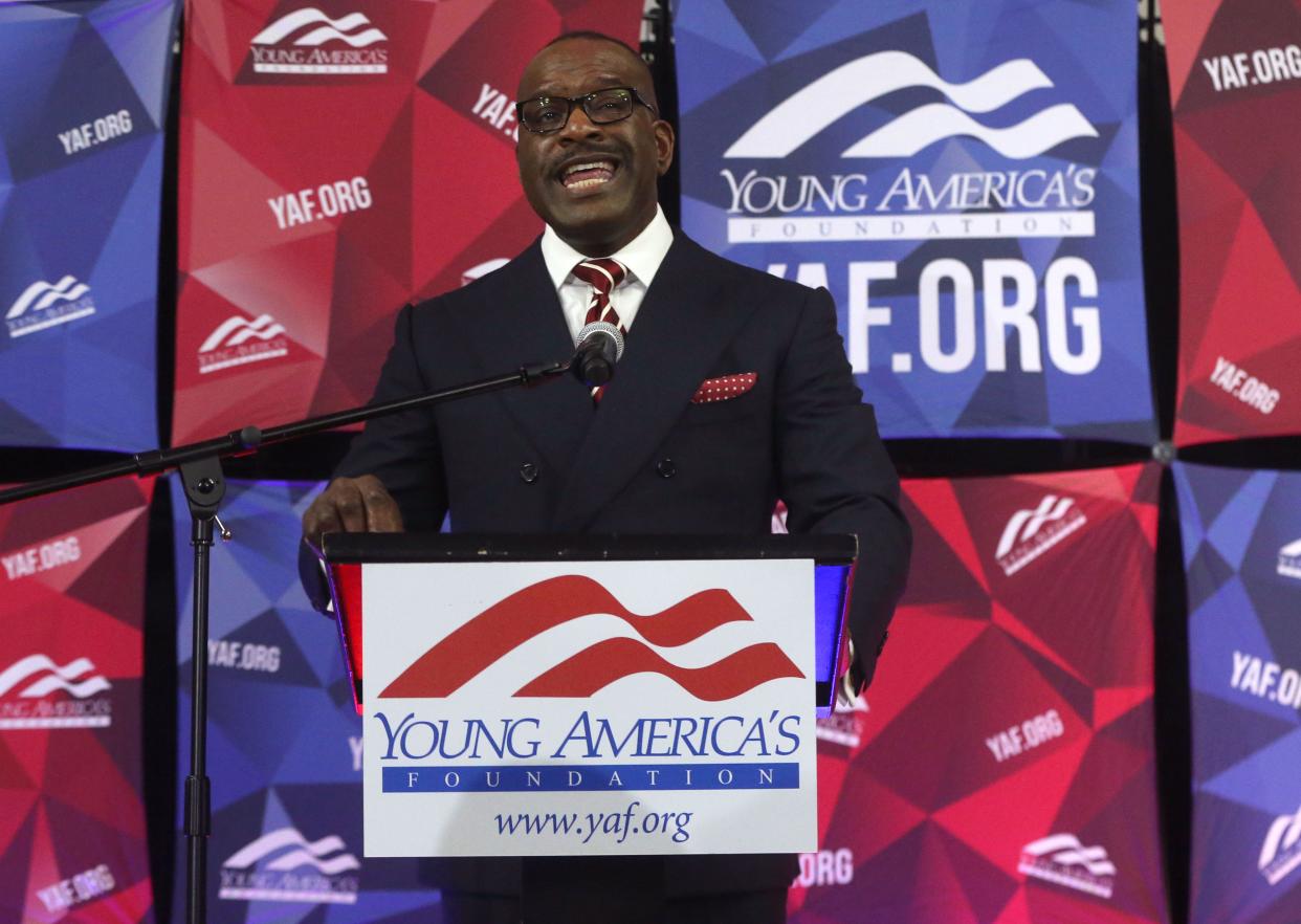 Vince Everett Ellison speaks during a Young Americans for Freedom lecture Monday, Feb. 26, 2024 on the University of Iowa campus in Iowa City, Iowa.