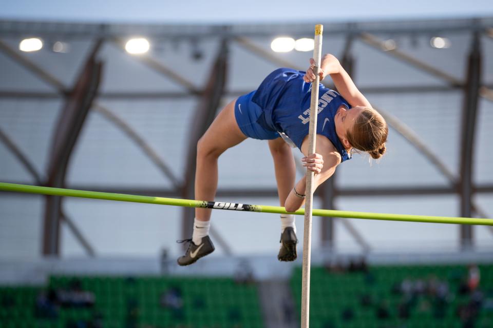 Blanchet Catholic’s Grace Mucken clears the bar in the 2A pole vault during day two of the OSAA State Track and Field Championships Friday, May 17, 2024 at Hayward Field in Eugene, Ore.