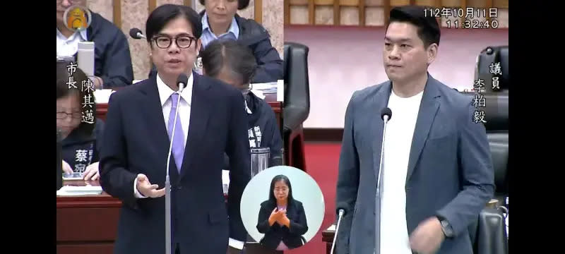 ▲左楠區立委候選人李柏毅今天在議會提出有關舊中油宿舍的日照建設後續進展和建議，對此，陳其邁表示，將會盡速和中油做討論，同時感謝李柏毅一同為完善長輩生活努力。（圖／翻攝畫面）