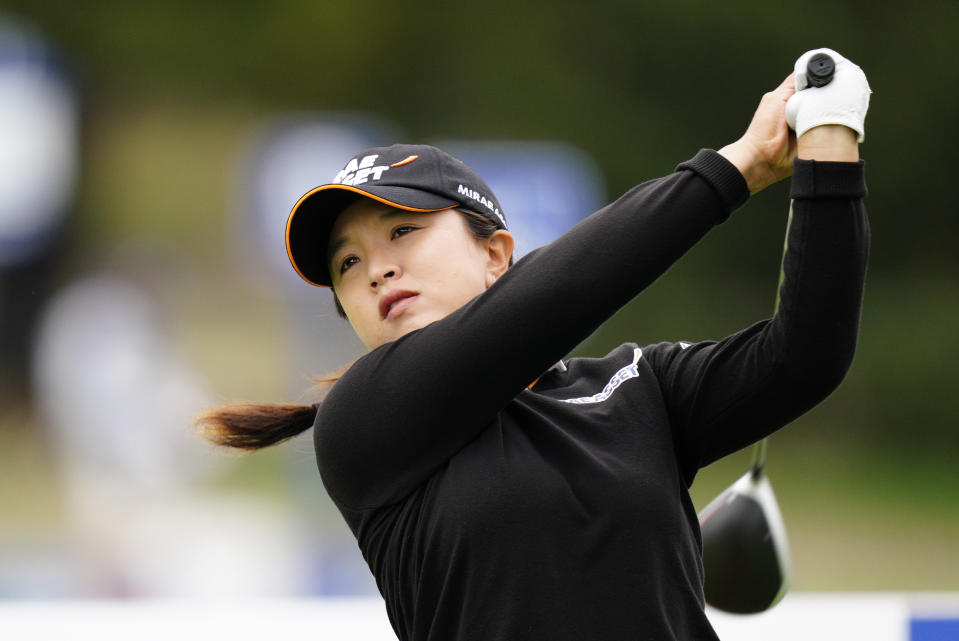 Sei Young Kim, of South Korea, watches her tee shot on the 12th hole during the final round at the KPMG Women's PGA Championship golf tournament at the Aronimink Golf Club, Sunday, Oct. 11, 2020, in Newtown Square, Pa. (AP Photo/Chris Szagola)