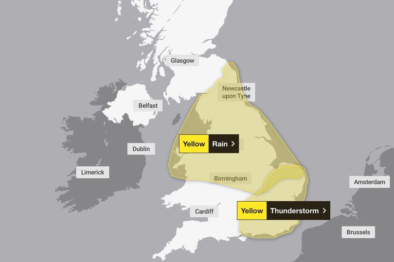 A yellow weather warning is in place for rain and thunderstorms across  southwest and southeast England, East Anglia, Wales and Northern Ireland until midnight on Tuesday.