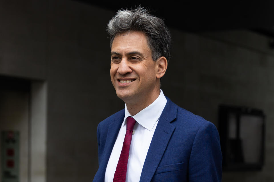 LONDON, UNITED KINGDOM - 2022/05/15: Shadow Secretary of State for Climate Change and Net Zero Ed Miliband leaves after appearing on Sophie Raworthâ€™s â€˜Sunday Morningâ€™ at BBC Broadcasting House in London. (Photo by Tejas Sandhu/SOPA Images/LightRocket via Getty Images)