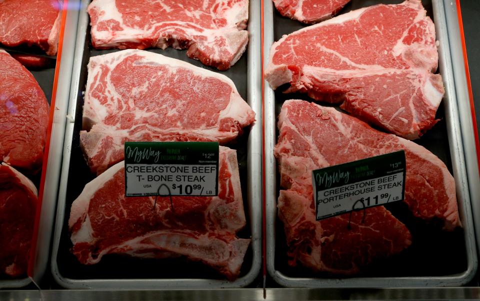 Food was up 10.4% for the 12 months through December; according to the U.S. Bureau of Labor Statistics. File: Meat on display and for sale at Busch's in Canton on Saturday, Jan. 22, 2022.