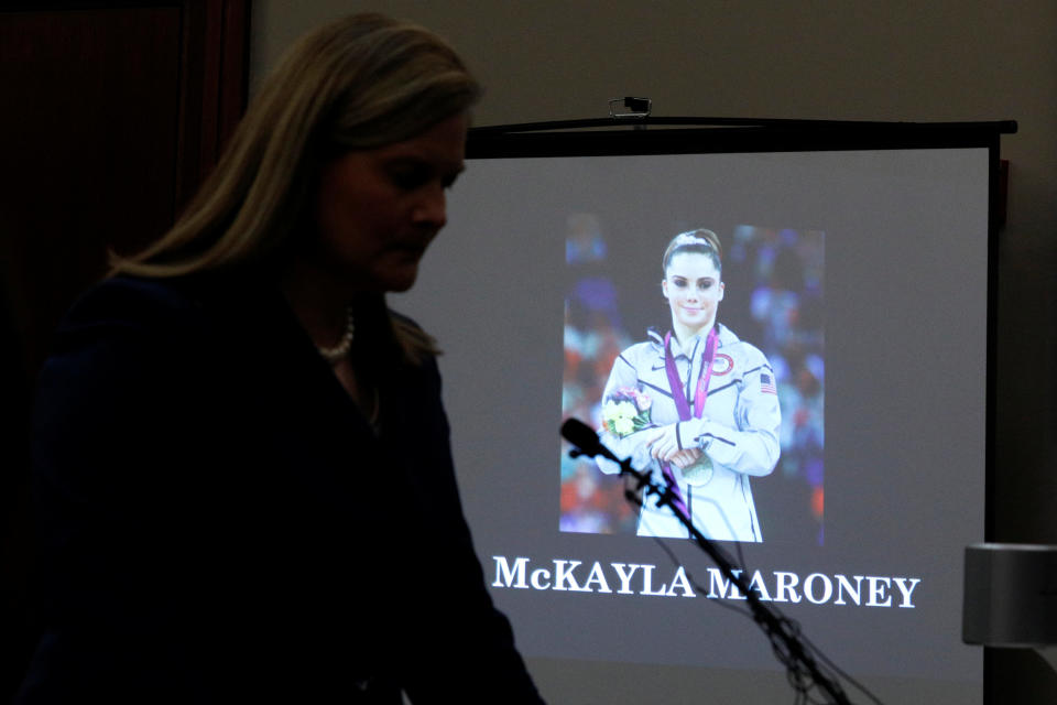 Prosecutor Angela Povilaitis reads a statement for victim and gymnast McKayla Maroney during a sentencing hearing for Larry Nassar, a former team USA Gymnastics doctor who pleaded guilty in November 2017 to sexual assault charges. (REUTERS)