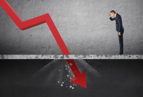 Man in suit looks at red line on a chart falling sharply through the floor.