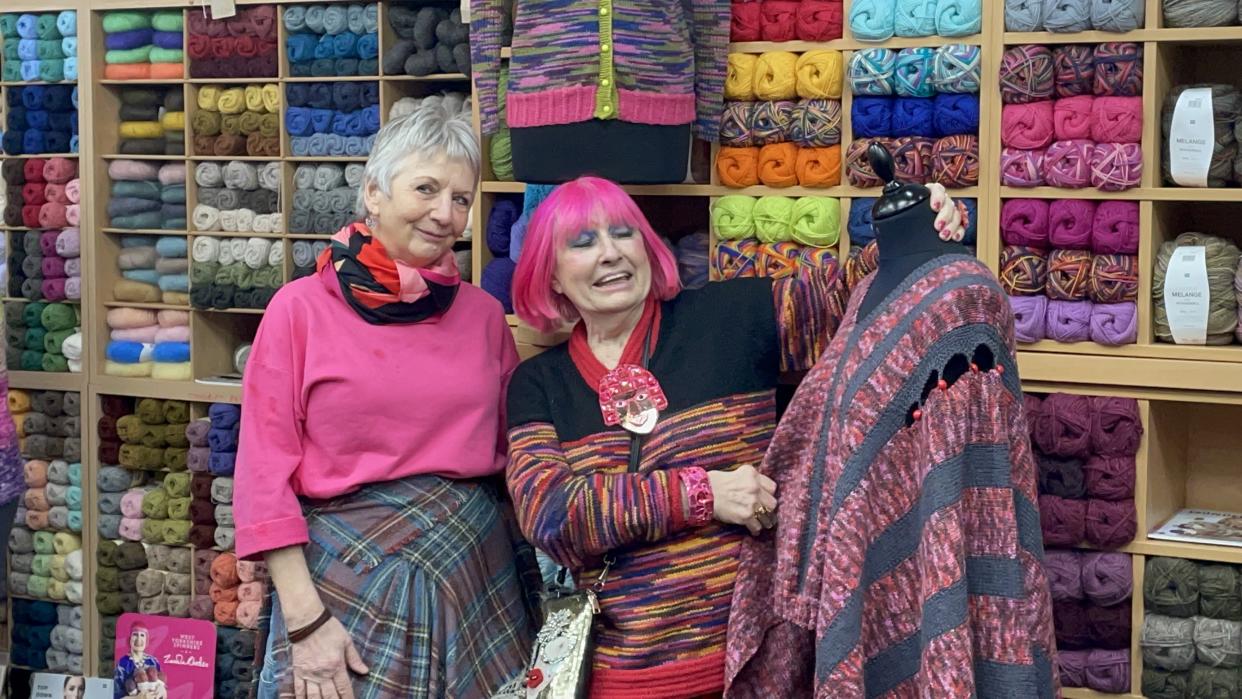 Dame Zandra with Kathy Morrison at Wool For Ewe in Aberdeen during the British designer’s trip north of the border on Friday (PA)