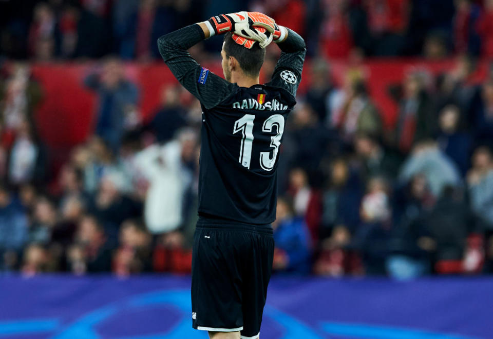 Sevilla goalkeeper David Soria looks distraught as Sevilla let a goal lead slip, as they lose 2-1 at home to Bayern Munich.