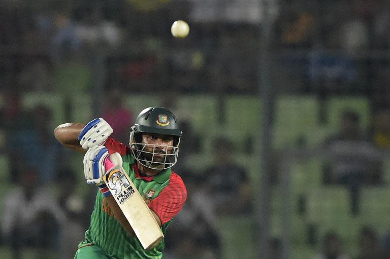 Bangladesh cricketer Tamim Iqbal plays a shot during the second One Day International cricket match between Bangladesh and Pakistan at the Sher-e-Bangla National Cricket Stadium in Dhaka on April 19, 2015