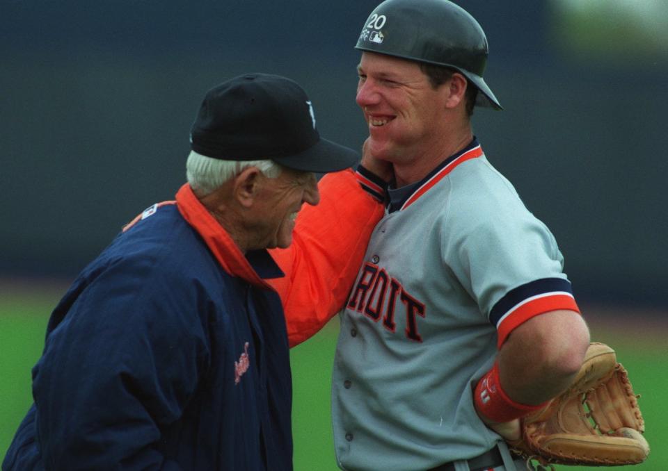 Detroit Tigers catcher Mickey Tettleton laughs with manager Sparky Anderson during spring training at Joker Marchant Stadium in Lakeland, Fla. in 1994.
