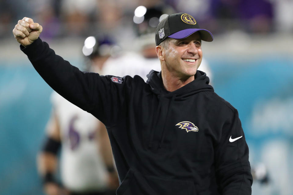 Baltimore Ravens coach John Harbaugh has his team with the best record in the AFC with three games to go. (Photo by Courtney Culbreath/Getty Images)