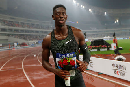 Athletics - Diamond League - Shanghai - Shanghai Stadium, Shanghai, China - May 12, 2018 Great Britain's Reece Prescod celebrates winning the men's 100m REUTERS/Aly Song