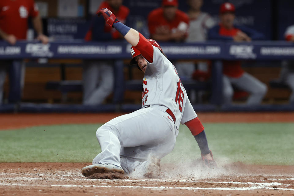 St. Louis Cardinals' Nolan Gorman scores against the Tampa Bay Rays during the sixth inning of a baseball game Wednesday, June 8, 2022, in St. Petersburg, Fla. (AP Photo/Scott Audette)