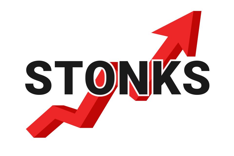 Inscription Stonks on a red arrow of a growing graph. A modern internet meme, a neologism meaning a sharp rise in stocks. Color vector illustration