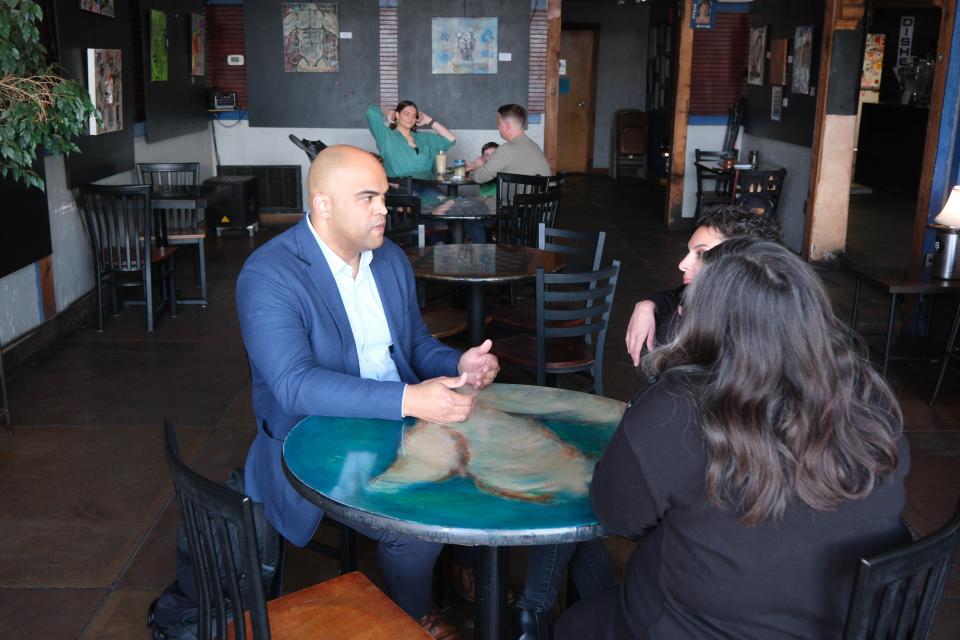 U.S. Rep Colin Allred speaks with residents of Amarillo about important issues in the Texas Panhandle Sunday at the 806 Coffee Shop in Amarillo.