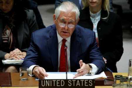 U.S. Secretary of State Rex Tillerson speaks during a United Nations Security Council meeting at the United Nations headquarters in New York, U.S., December 15, 2017. REUTERS/Brendan McDermid