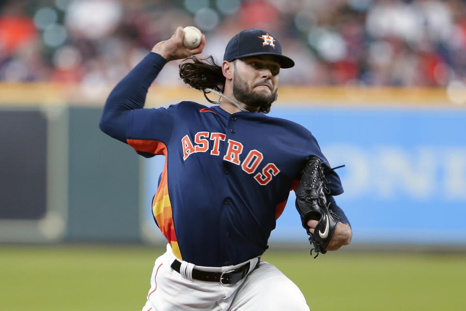 Houston Astros starting pitcher Lance McCullers Jr. throws against the Los Angeles Angels during the first inning of a baseball game Sunday, Sept. 12, 2021, in Houston. (AP Photo/Michael Wyke)